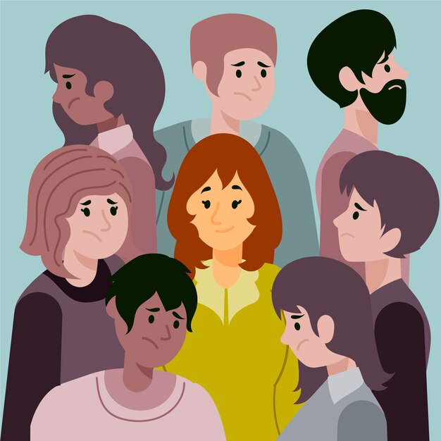 Mujer sonriente en una multitud de personas tristes