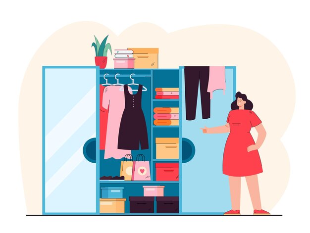 Mujer sonriente de pie delante de la ilustración plana de armario abierto