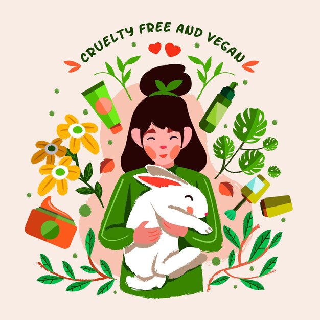 Mujer sosteniendo un conejito junto a productos libres de crueldad