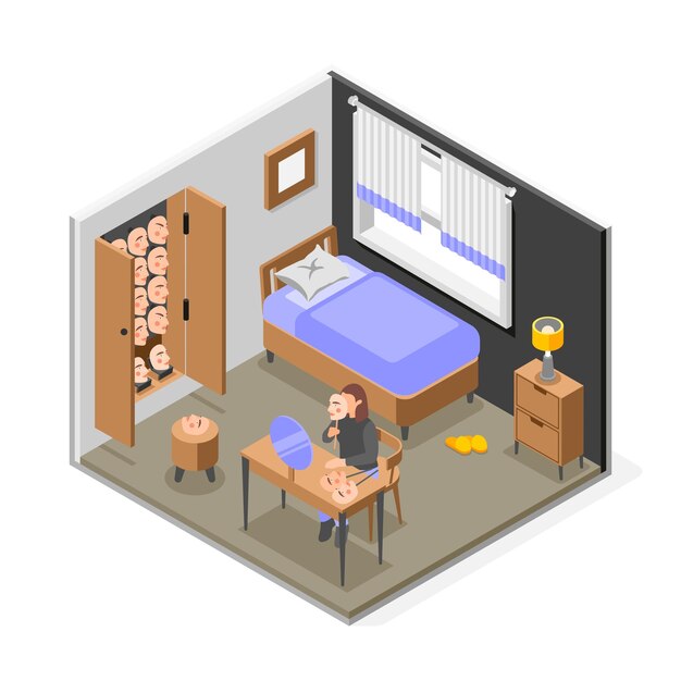 Mujer en su habitación eligiendo máscaras sociales para ocultar su rostro y emociones reales composición isométrica ilustración vectorial