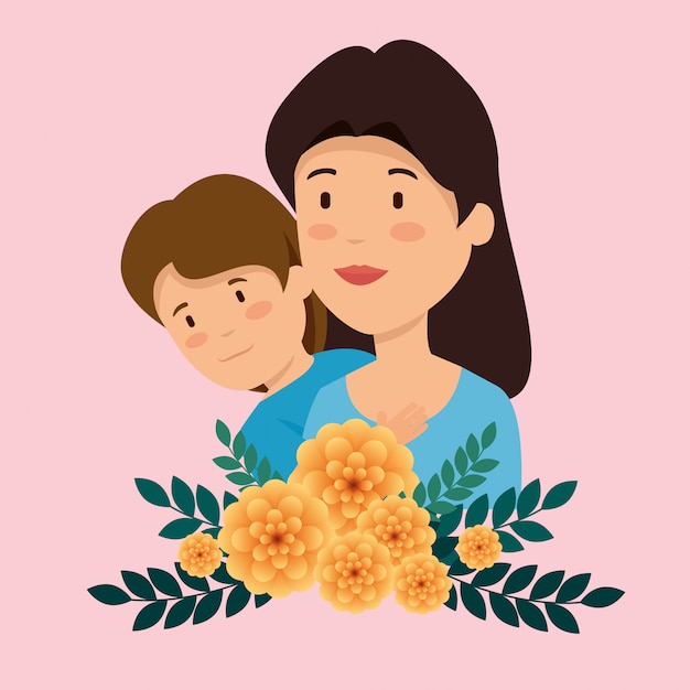 Vector gratuito mujer con su hijo y flores plantas con hojas