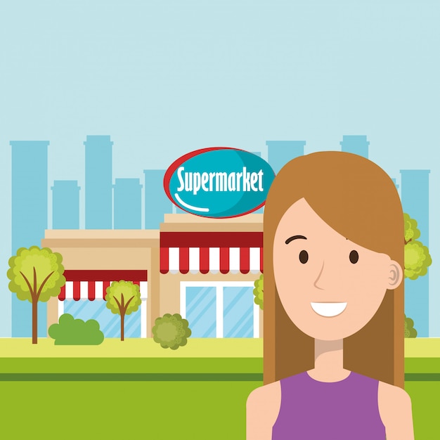 mujer en el supermercado que construye la escena delantera