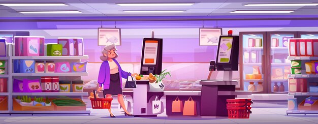 Mujer en un supermercado con un quiosco de autoservicio