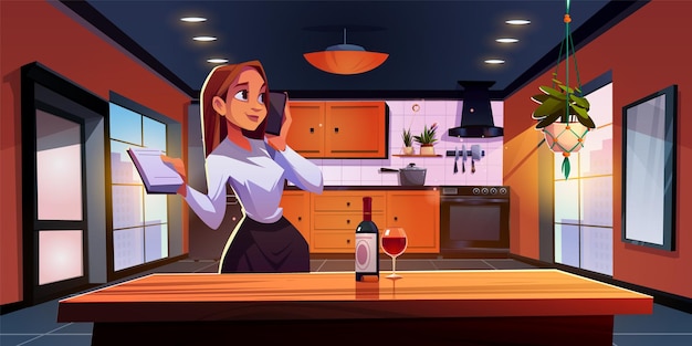 Vector gratuito mujer con teléfono en la cocina con ilustración de dibujos animados de botella de vino diseño de casa moderna con armario refrigerador estufa horno y campana en color naranja acogedor lugar para cocinar y comer