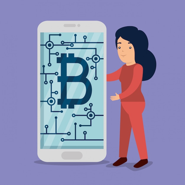 Mujer con teléfono inteligente bitcoin