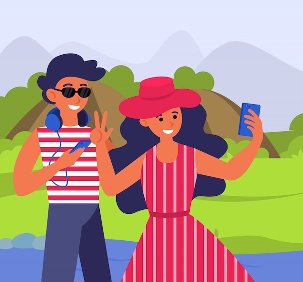 Vector gratuito mujer tomando selfie con su novio de vacaciones