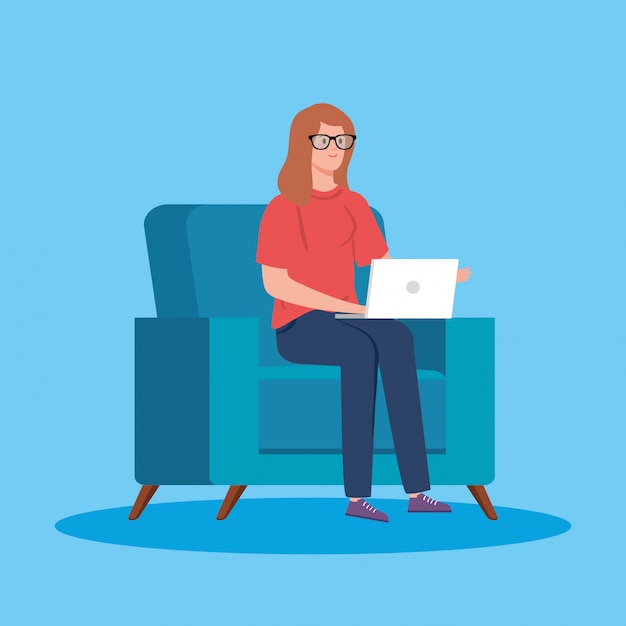Vector gratuito mujer trabajando en teletrabajo con laptop en sofá