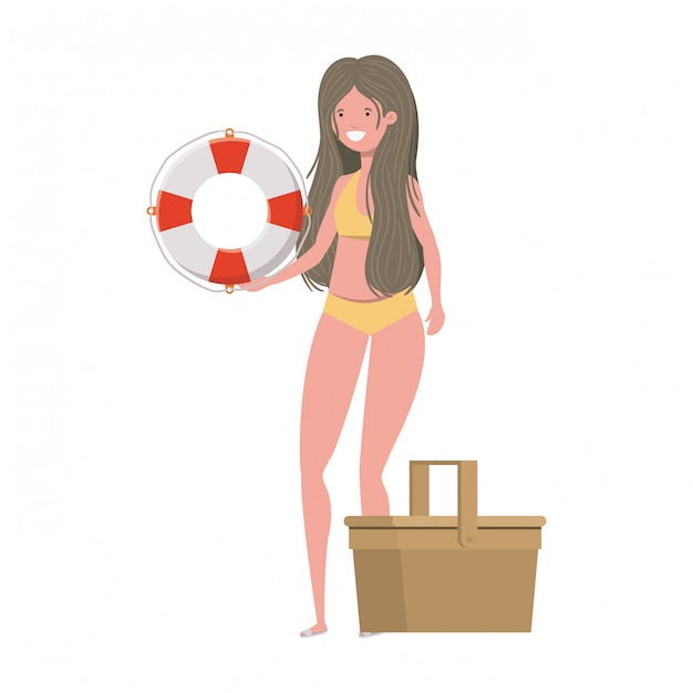 Mujer con traje de baño y flotador salvavidas en blanco.