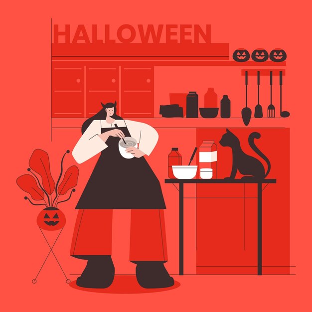Mujer en traje de halloween preparando una cena de miedo