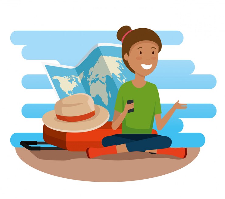 Vector gratuito mujer turista con mapa global y maleta