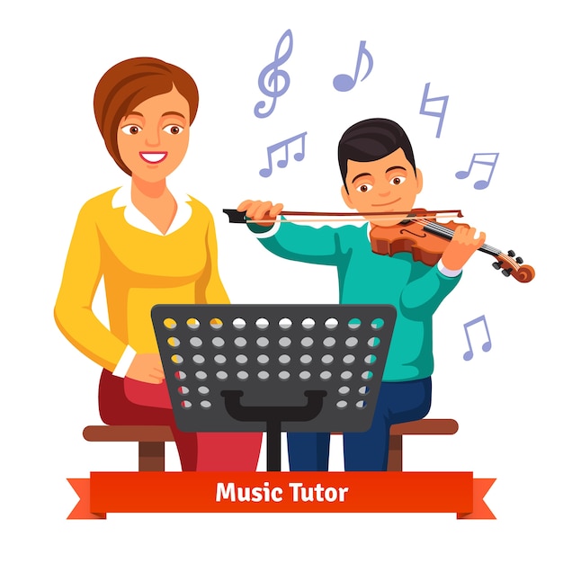 Vector gratuito mujer de tutor musical con niño muchacho estudiante de violín