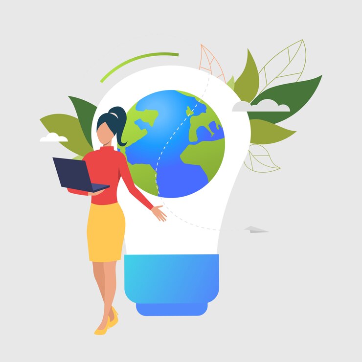 Vector gratuito mujer usando laptop, bombilla, globo terráqueo y hojas verdes