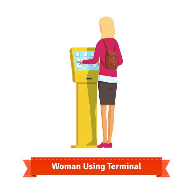 Mujer, uso, electrónico, autoservicio, terminal