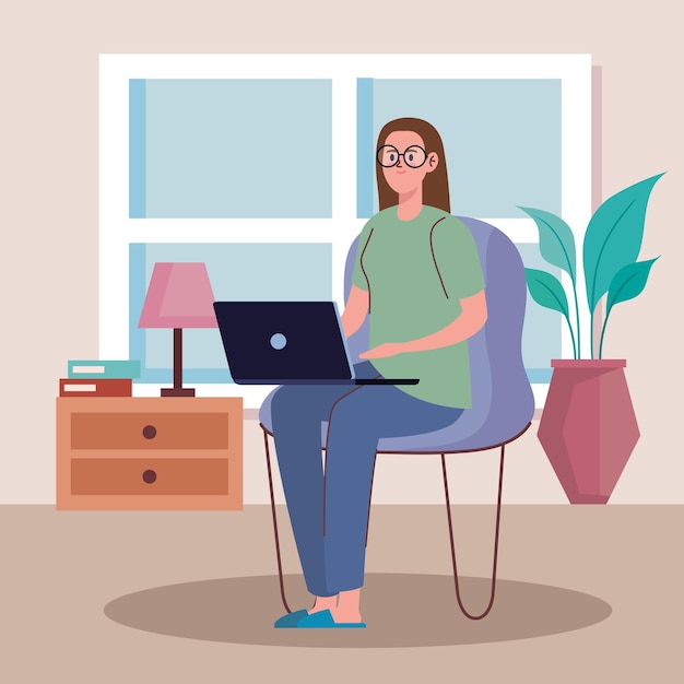 mujer, utilizar, computador portatil, en, silla