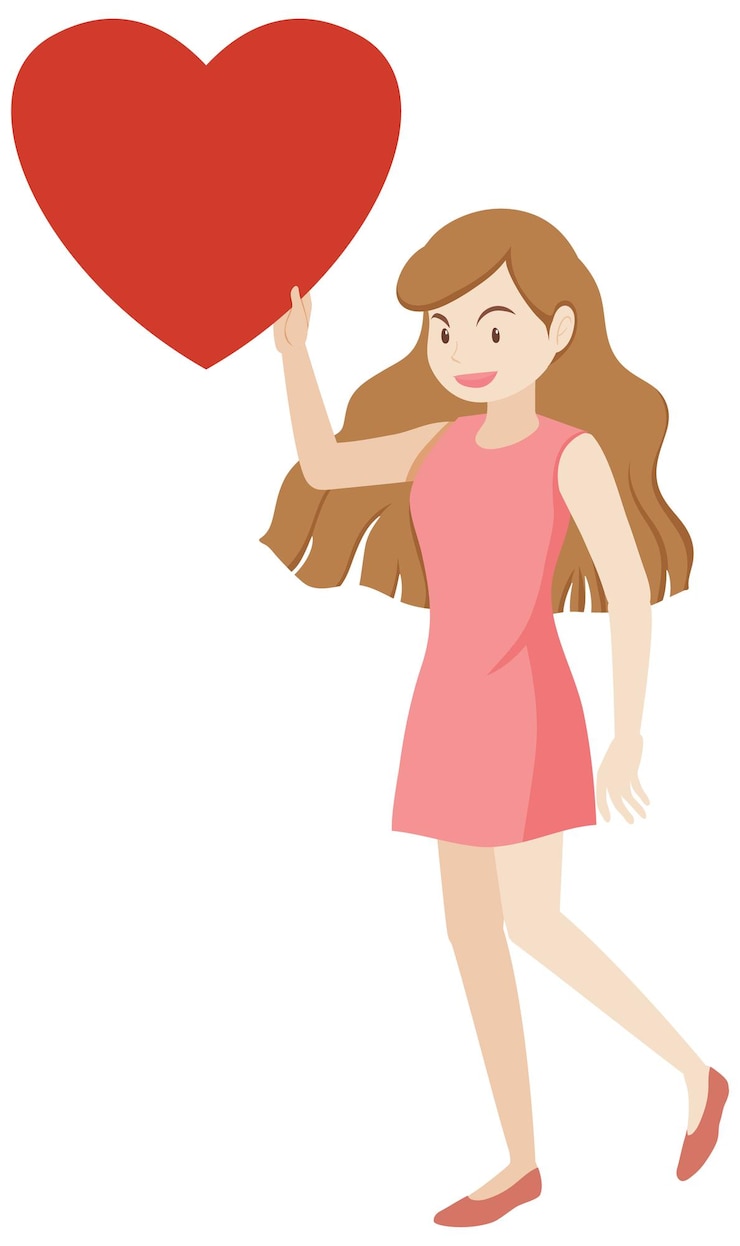 Vector gratuito mujer, en, vestido rosa, tenencia, corazón rojo, blanco, plano de fondo