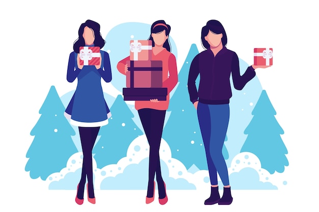 Vector gratuito mujeres comprando regalos de navidad y árboles en el fondo