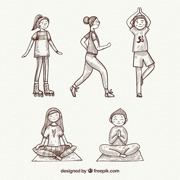 Mujeres dibujadas a mano haciendo yoga