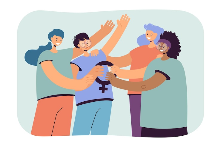 Vector gratuito mujeres de dibujos animados sosteniendo el símbolo femenino juntos
