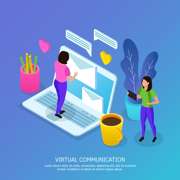 Vector gratuito mujeres con dispositivos móviles durante la composición isométrica de comunicación virtual en azul