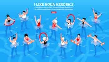 Vector gratuito mujeres con diversos equipos durante la clase de aeróbic acuático en la ilustración horizontal isométrica azul