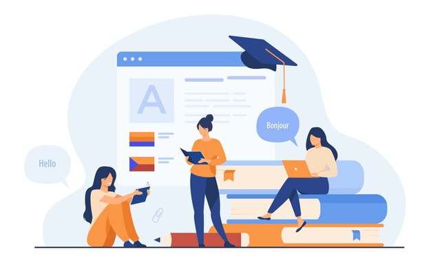 Mujeres felices aprendiendo el idioma en línea aislado ilustración vectorial plana. Personajes femeninos de dibujos animados que toman lecciones individuales a través de messenger. Concepto de educación y tecnología digital