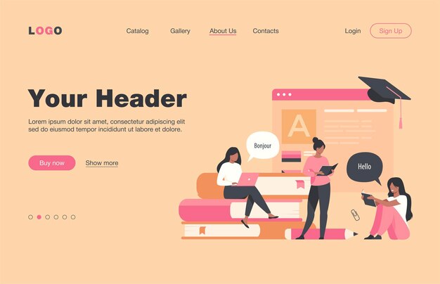 Mujeres felices aprendiendo idiomas en línea página de inicio plana aislada. Personajes femeninos de dibujos animados que toman lecciones individuales a través de messenger. Concepto de educación y tecnología digital.