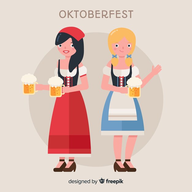 Mujeres felices celebrando el oktoberfest con diseño plano