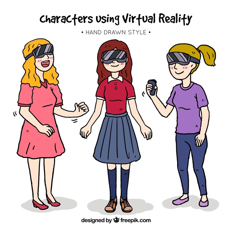 Vector gratuito mujeres felices disfrutando con gafas de realidad virtual