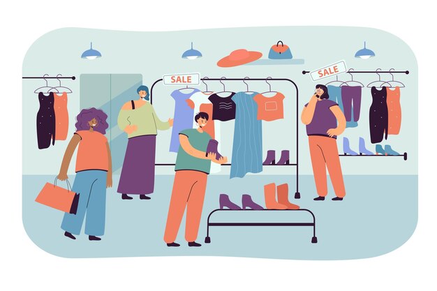 Mujeres felices eligiendo ropa en la tienda ilustración plana.