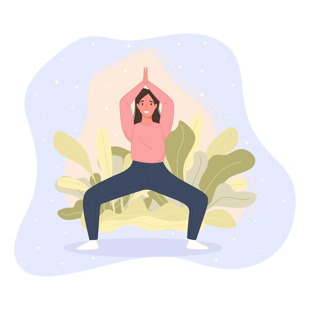 Mujeres felices pararse en el piso y meditar en pose de yoga