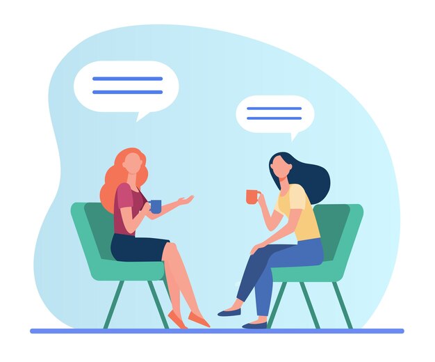 Mujeres hablando por una taza de café. Amigas reunidas en la cafetería, chat burbujas ilustración vectorial plana. Amistad, comunicación