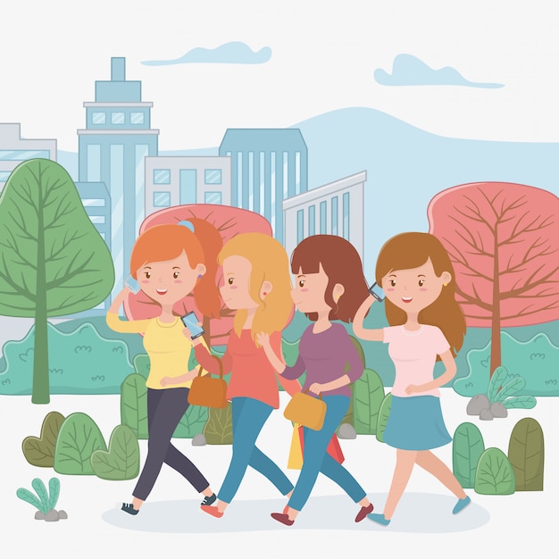 Vector gratuito mujeres hermosas caminando en el parque usando teléfonos inteligentes