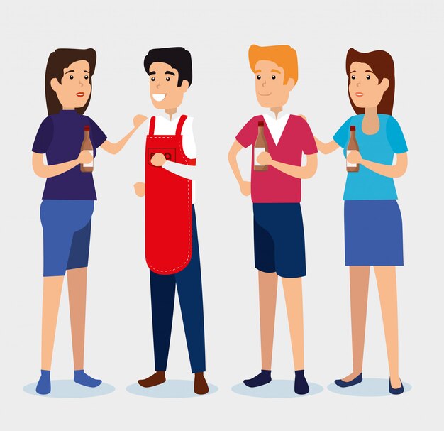Mujeres y hombres con salsa barbacoa y delantal