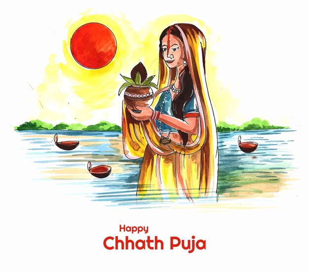 Mujeres indias para feliz chhath Puja con fondo y sol