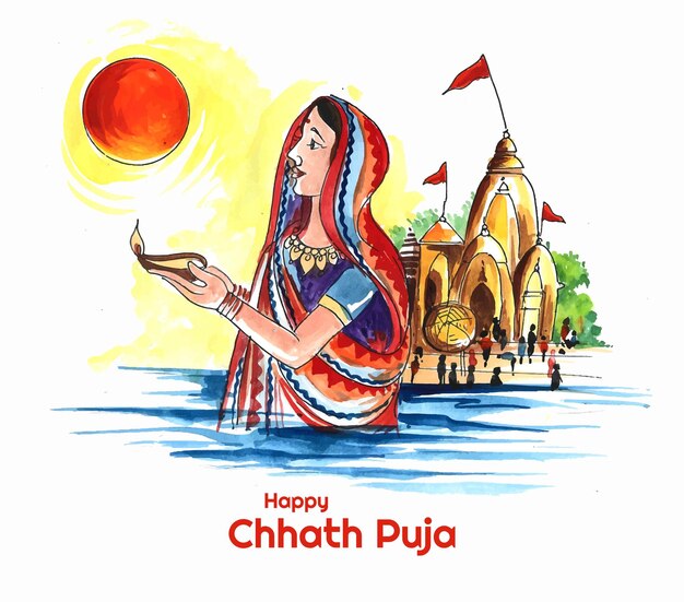 Mujeres indias para feliz chhath Puja con fondo y sol