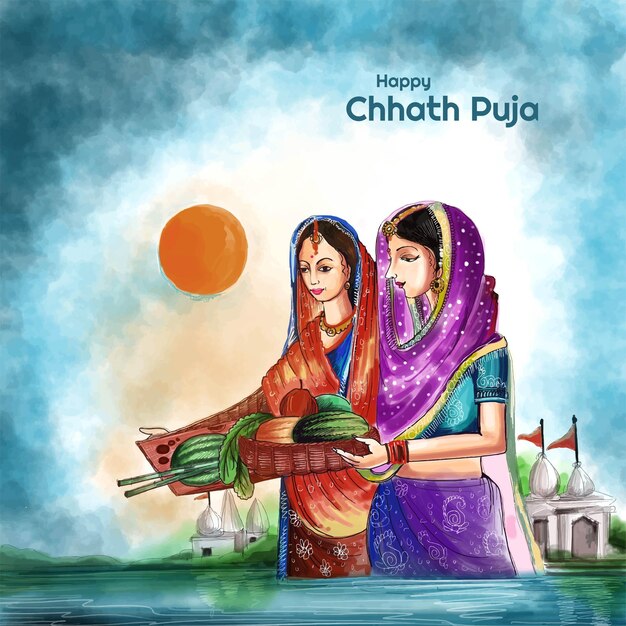 Mujeres indias para el fondo de la tarjeta feliz chhath puja