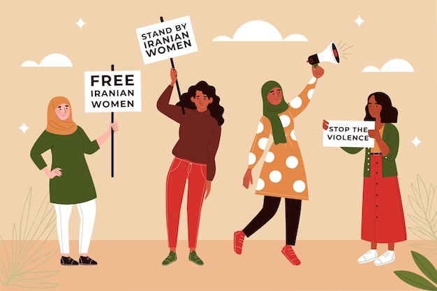 Mujeres iraníes de diseño plano protestando juntas