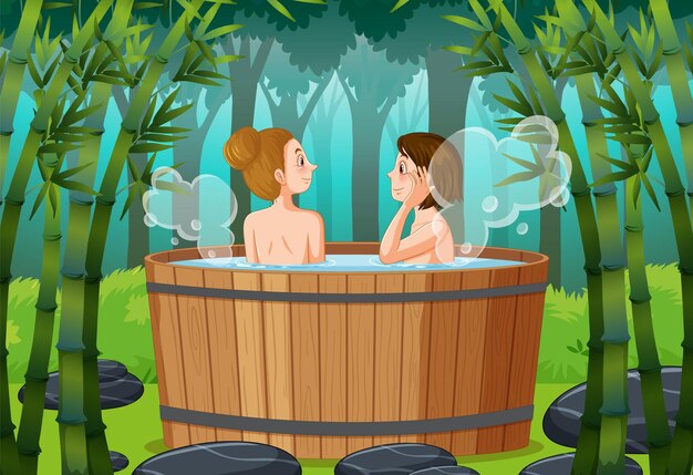 Mujeres en jacuzzi spa en el bosque