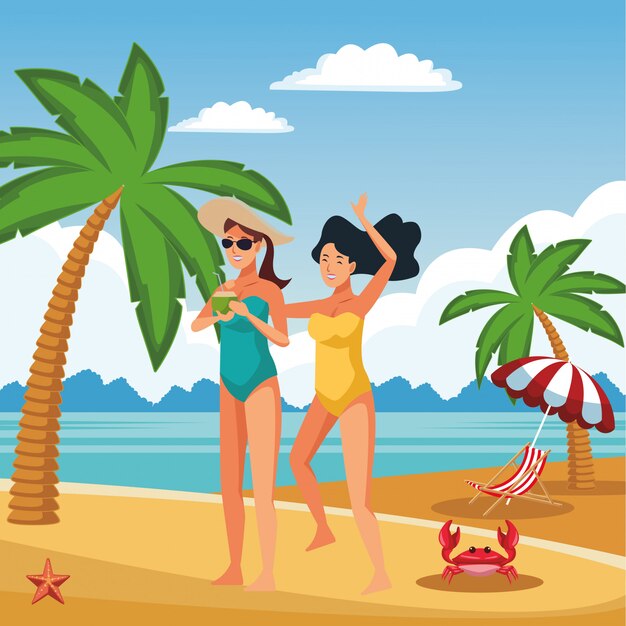 Mujeres jóvenes en caricaturas de verano.