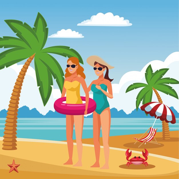 Mujeres jóvenes en caricaturas de verano.