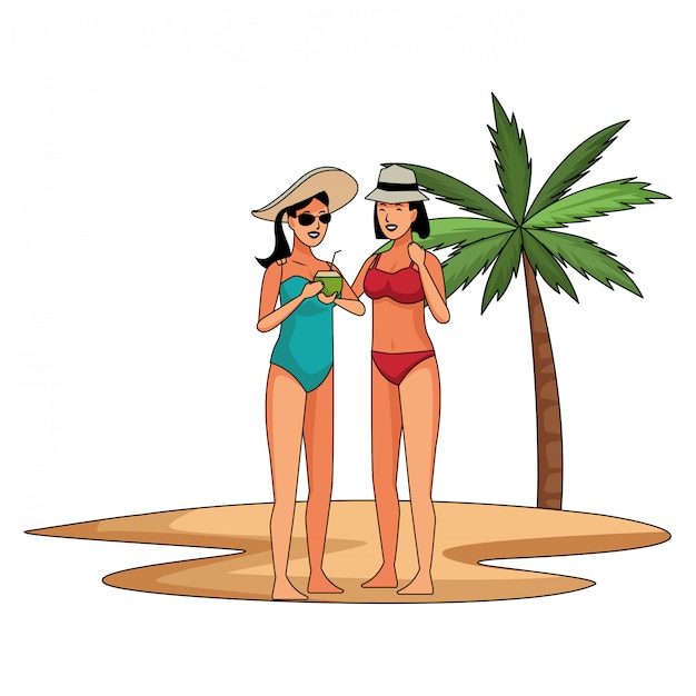 Vector gratuito mujeres jóvenes en caricaturas de verano.