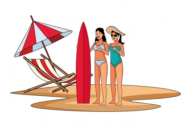 Mujeres jóvenes en caricaturas de verano.