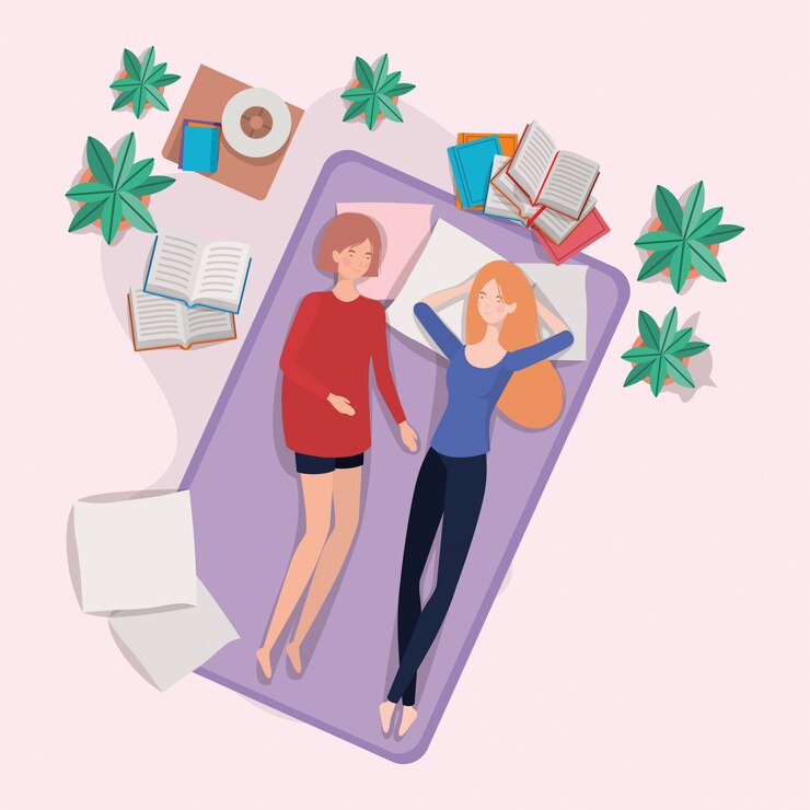 Vector gratuito mujeres jóvenes relajándose en un colchón en el dormitorio