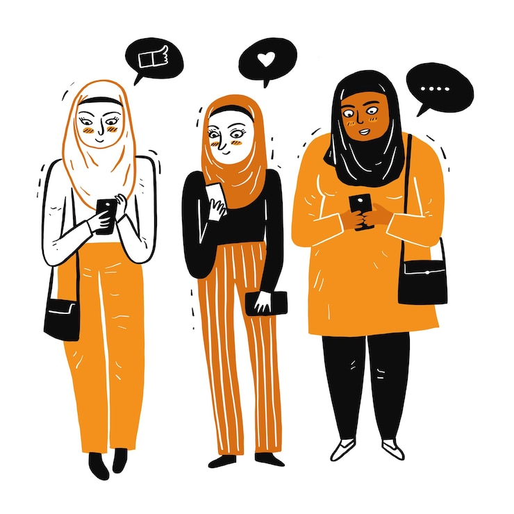 Vector gratuito mujeres musulmanas reunidas use el teléfono inteligente felizmente en un día brillante
