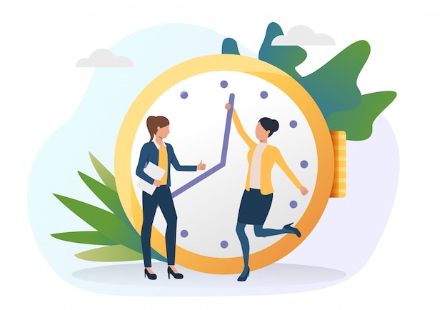 Mujeres de negocios moviendo las manecillas del reloj por delante