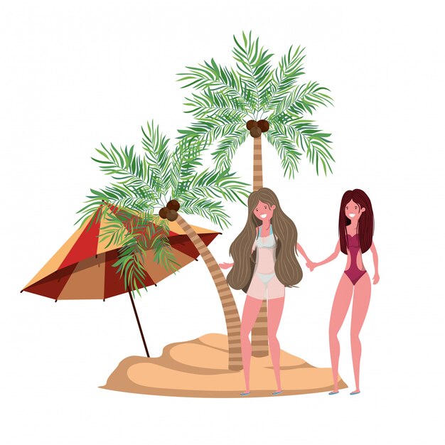 Mujeres en la playa con traje de baño y palmeras.