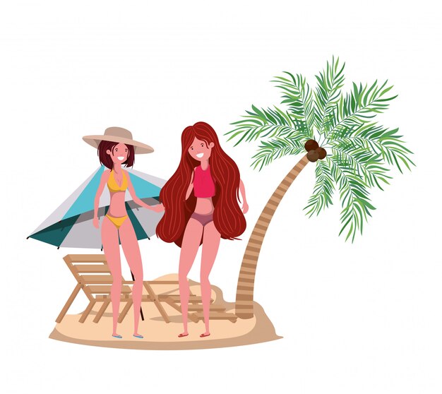 Mujeres en la playa con traje de baño y palmeras.