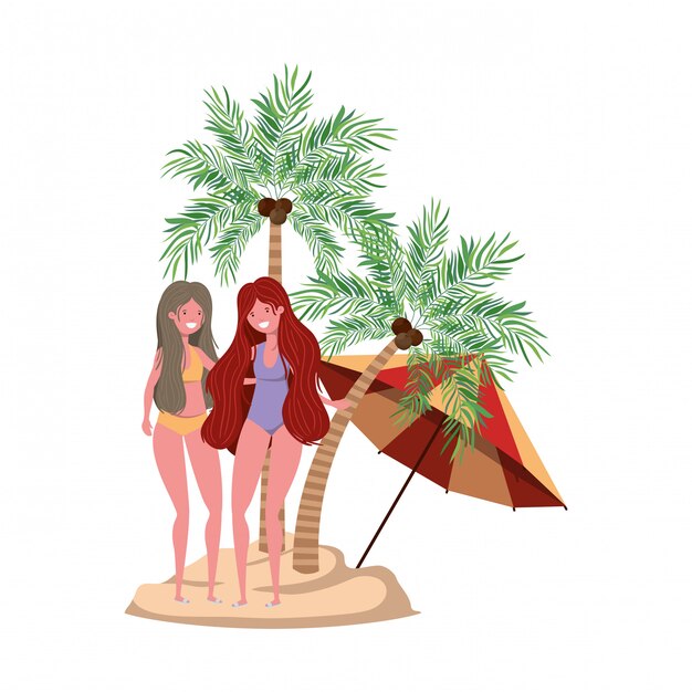 Mujeres en la playa con traje de baño y palmeras.