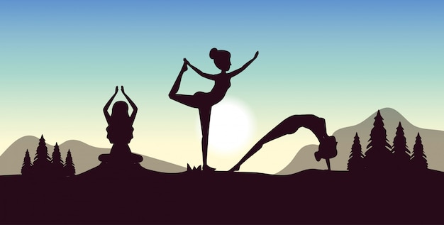 Las mujeres practican yoga con pinos y montañas