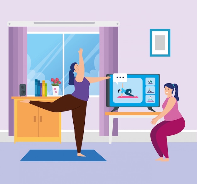 Mujeres practicando yoga en línea en la sala de estar